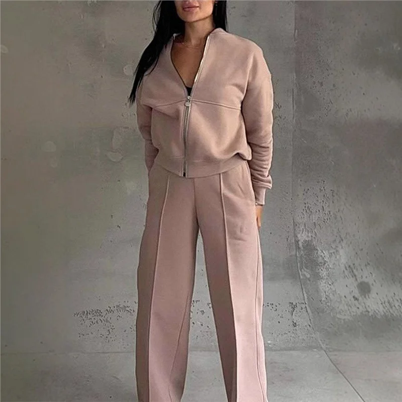 Athvotar Athvotar New Autumn And Winter Women's Casual Zipper Jacket Wide Leg Pants Fashion Set