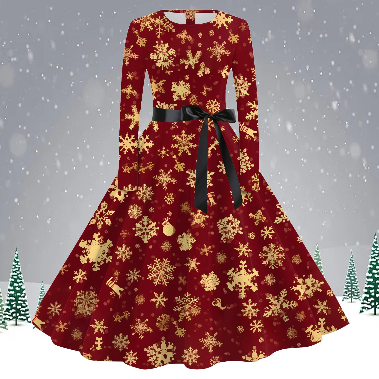 Lindacameron dangerous woman dress to impress Women Christmas Popular Dress Xmas Print Long Sleeve O Neck 1950s Evening Party Prom Dresses Woman Casual Swing Vestidos 2025