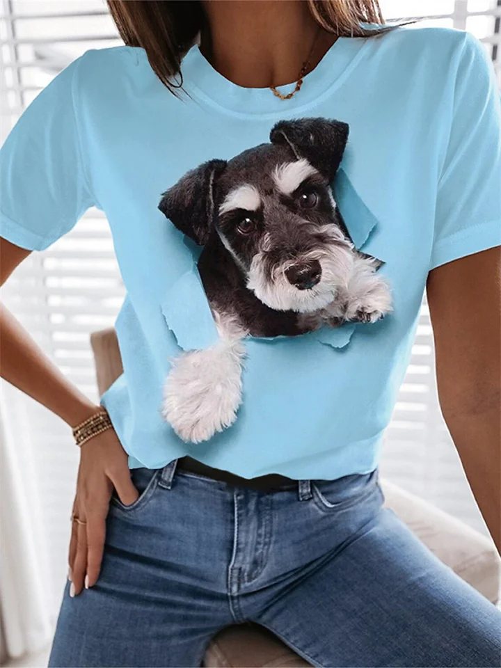 Printed Short Sleeve Casual Holiday Basic Round Neck Regular T-shirt Puppy Pattern Blue Pink Purple White-Cosfine