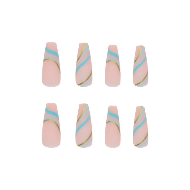 24pcs Nude Fake Nails Long Blue Gold Wave Pattern Coffin False Nails Acrylic Detachable Matte Full Nail Decoration Art Tips-Nail Inspo