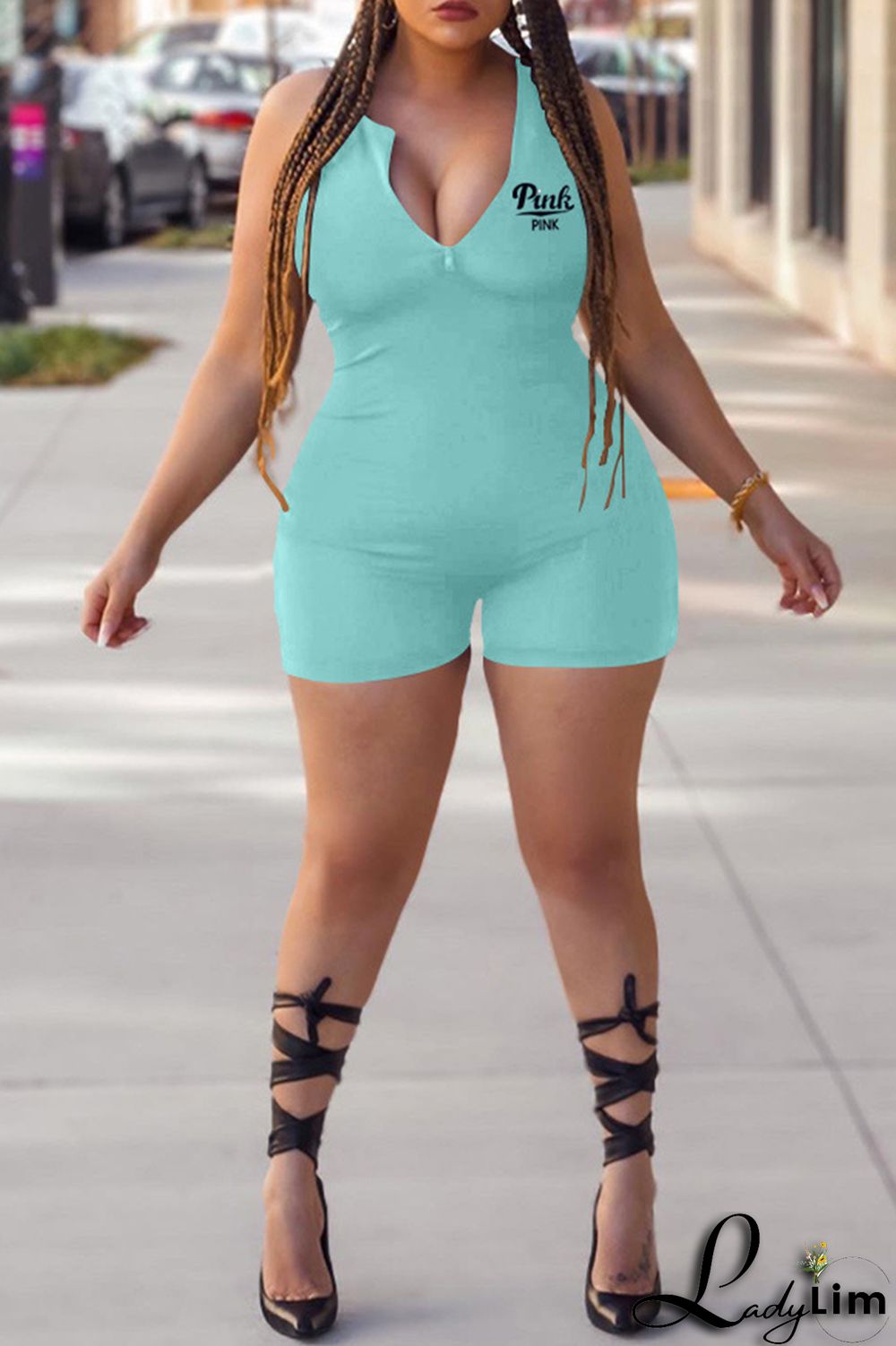 Blue Fashion Casual Letter Print Basic Zipper Collar Skinny Romper