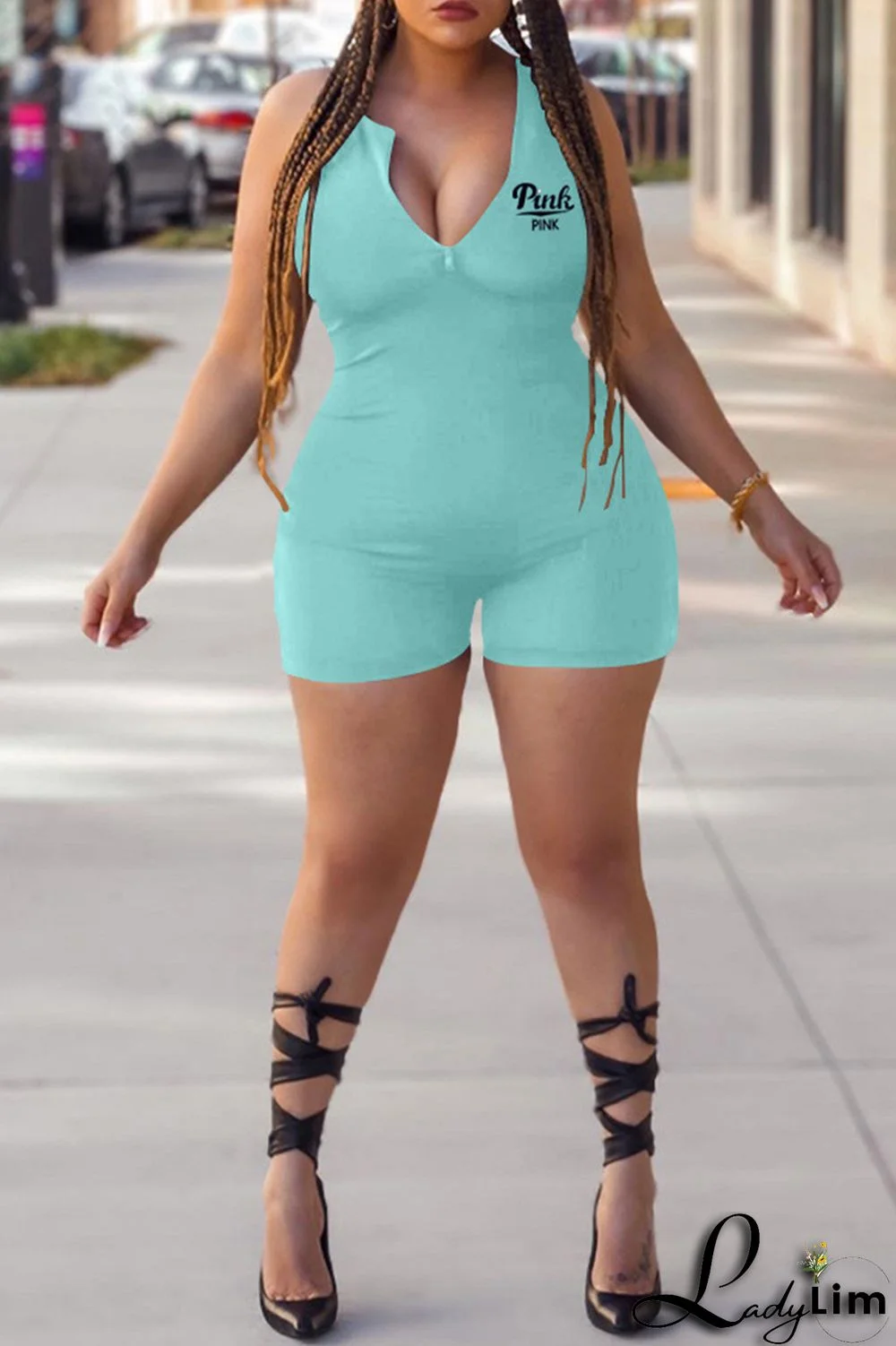 Blue Fashion Casual Letter Print Basic Zipper Collar Skinny Romper