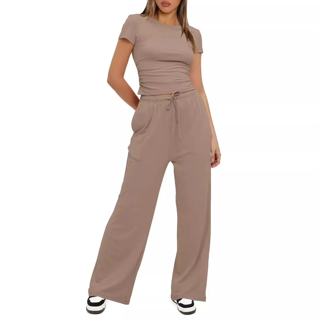 Nigikala Nigikala Suit Folding 2025 New Solid Short-Sleeved Top High-Rise Broad Leg Pants Sportswear