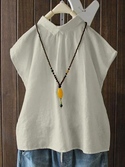 Solid Casual 3/4 Sleeve Turn-down Collar Tops