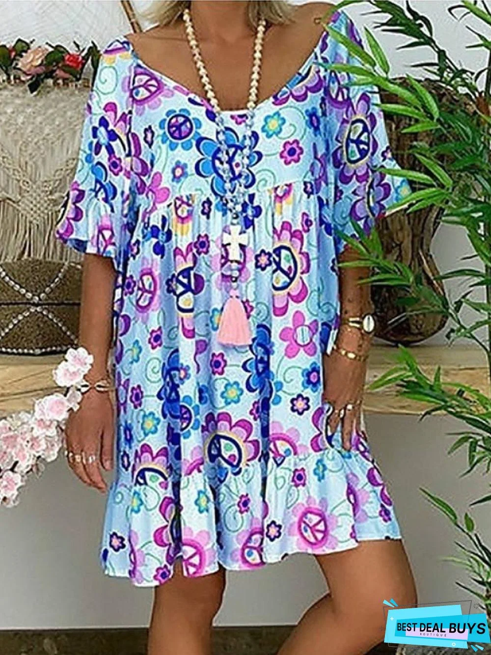 Women's Tunic Knee Length Dress - Short Sleeve Floral Print Summer Basic Hot White Blue Red Light Blue-0218817
