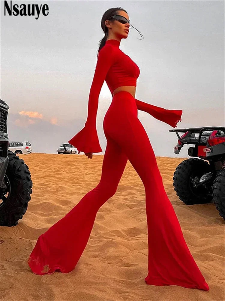 Oocharger Elegant Two Piece Pants Sets Women Fashion Solid 2024 Winter Long Flare Sleeve +Flare Trousers Suits Female Street Outfit