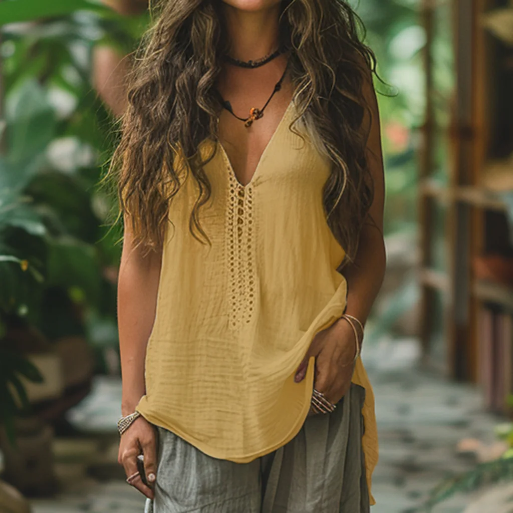 Retro Loose, Comfortable And Breathable Ethnic Style Linen V-neck Suspender Sleeveless Top