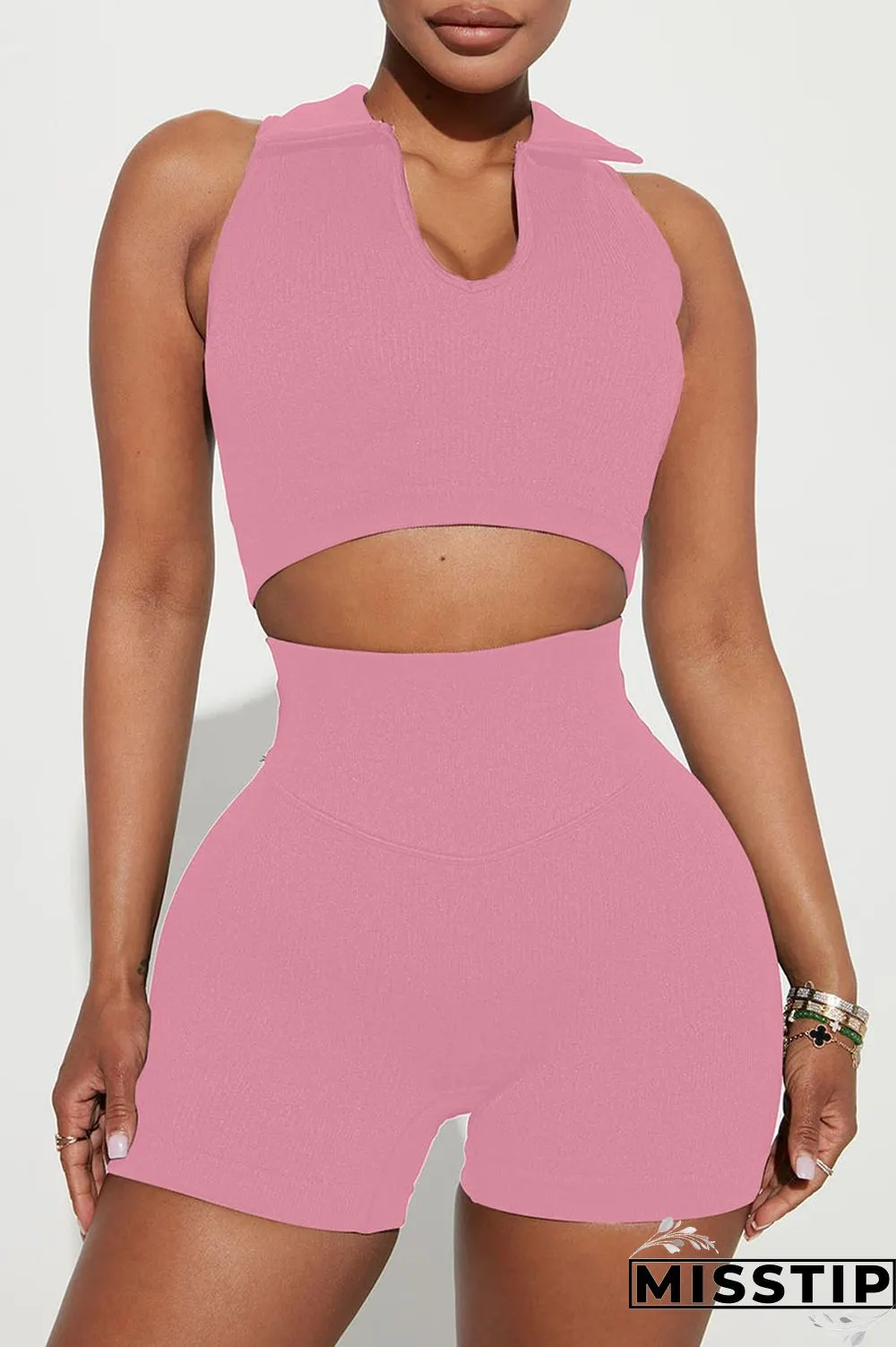Black Sexy Street Solid Patchwork Turndown Collar Sleeveless Two Pieces