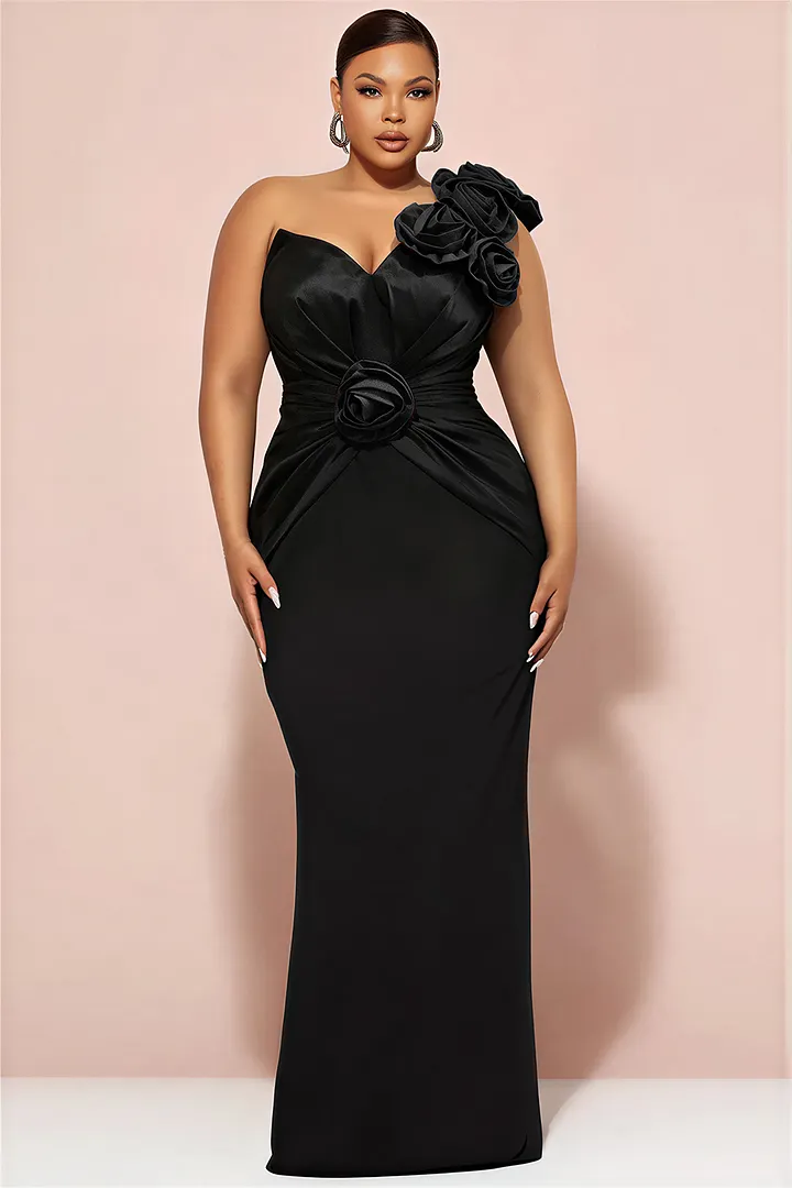 Xpluswear Design Plus Size Formal Black One Shoulder 3D Bodycon Maxi Dresses 2024 - Xpluswear