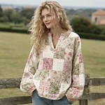 Women's Retro Floral Patchwork Pattern Linen V-neck Shirt - Image 2
