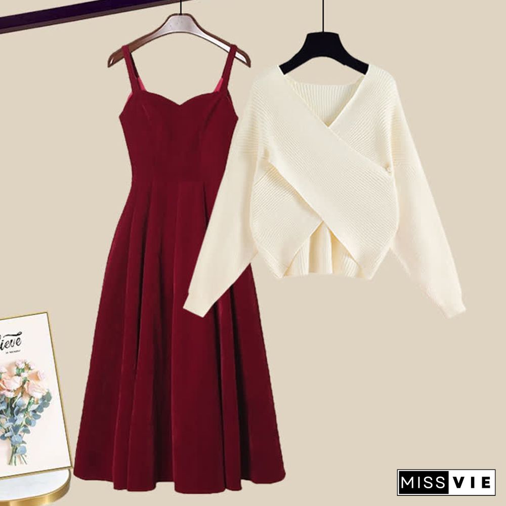 Fashion Cross Knit Sweater A-line Slip Dress