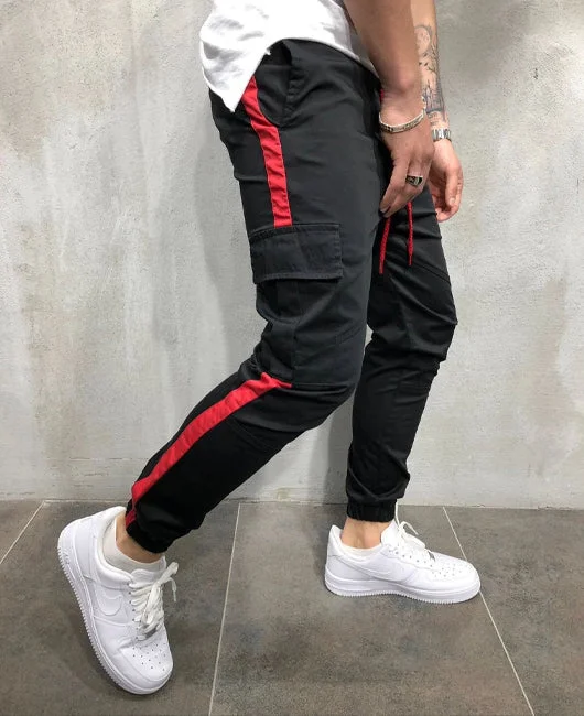 Patched Pocket Side Striped Drawstring Casual Cargo Pants Okaywear