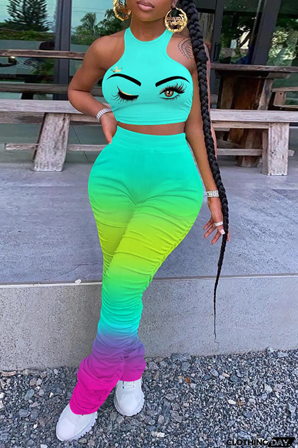 Green Fashion Casual Gradual Change Print Fold O Neck Sleeveless Two Pieces