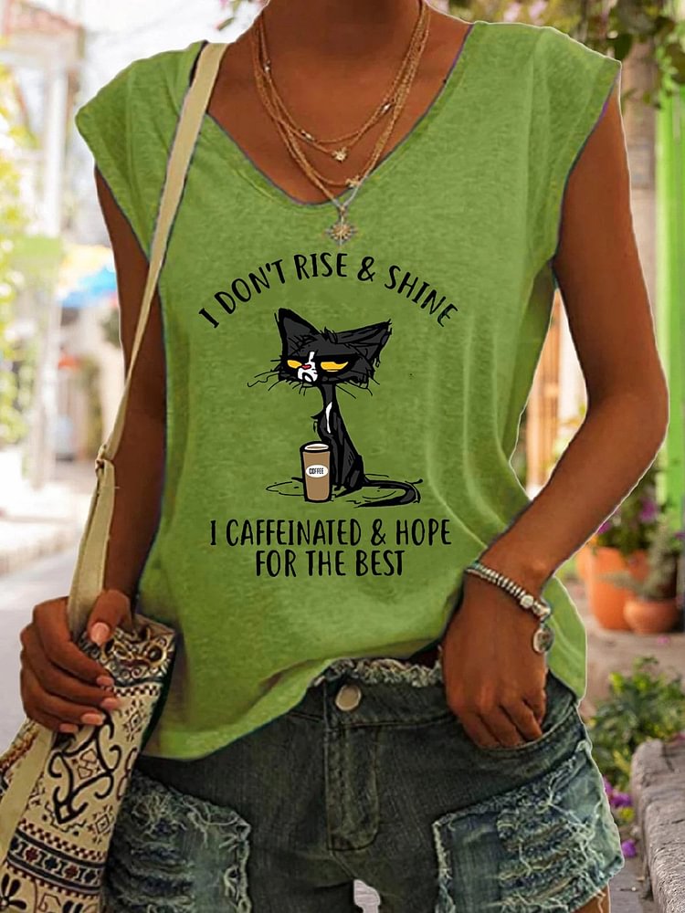 Women's I DON'T RISE & SHINE I CANFFEINATED & HOPE FOR THE BEST Loose V-neck cap sleeves T-Shirt, Funny Shirts, Sarcastic T-Shirt, Saying T-Shirt