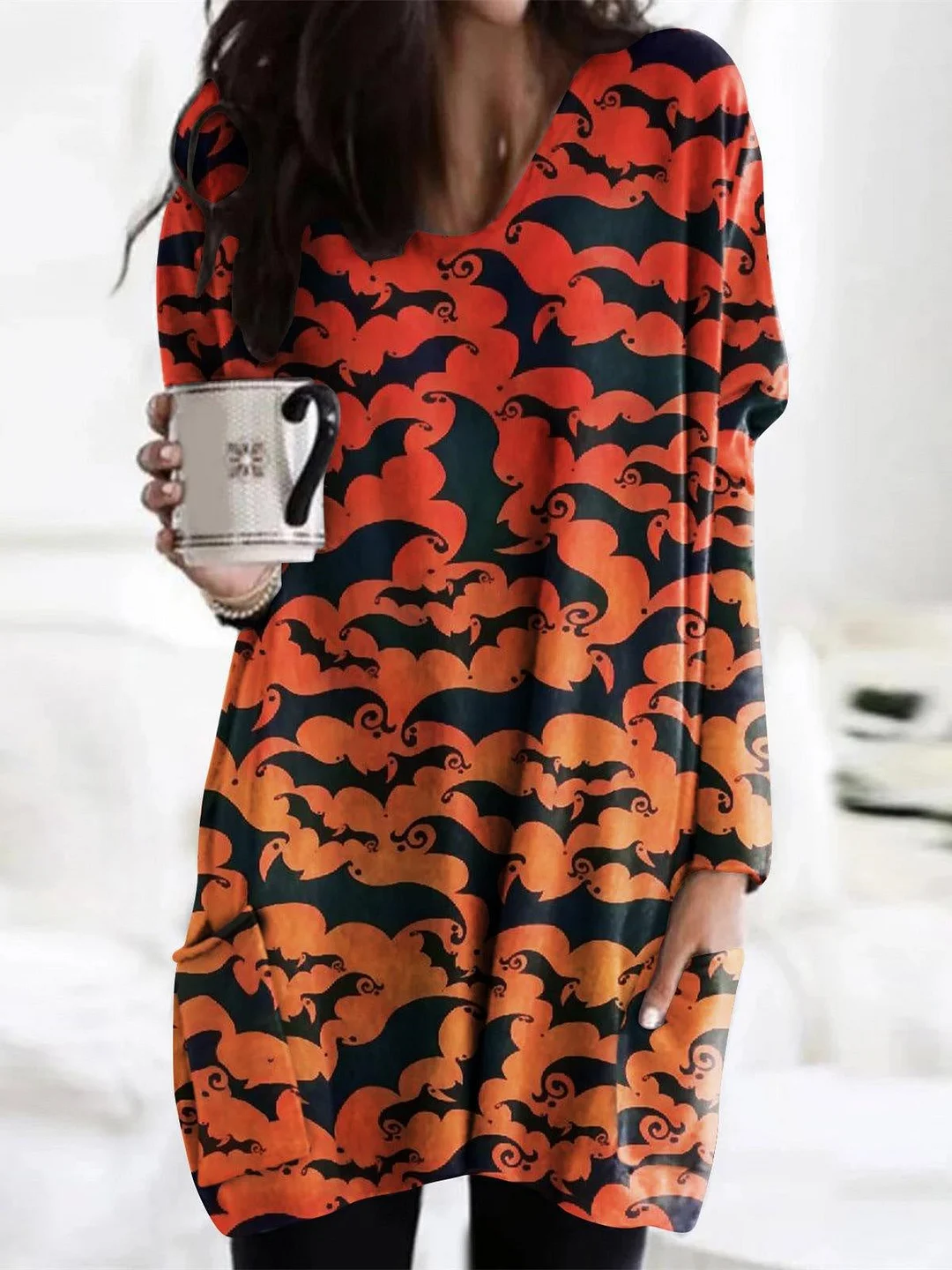 Women's  Halloween Graphic Printed V-Neck Long Sleeve Maxi Dress