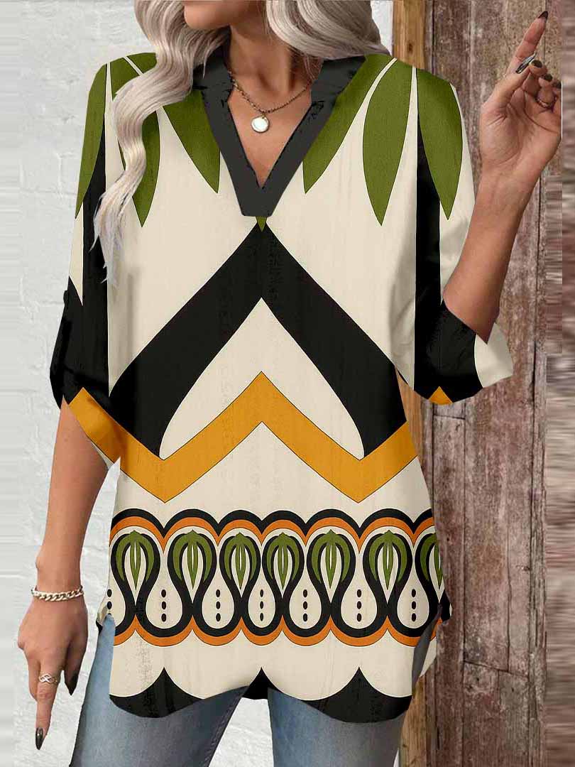 Women Tropical, Black, Green DZGA0123 3/4 Sleeve V-neck Printed Graphic Button Tops