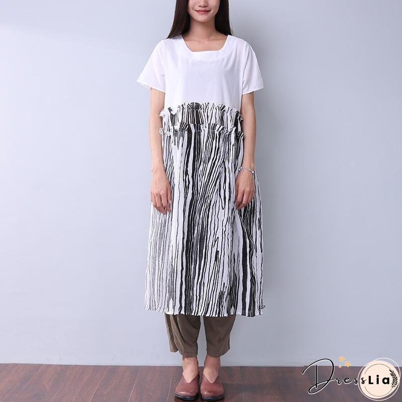 Summer Printing Women Folded Splicing White Dress