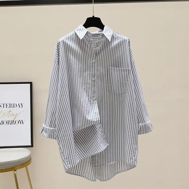 Brownm Brownm Spring And Autumn New Han Fan Literature And Arts Front Short And Rear Long Shirt Women Long Striped Shirt Casual Coat Summer