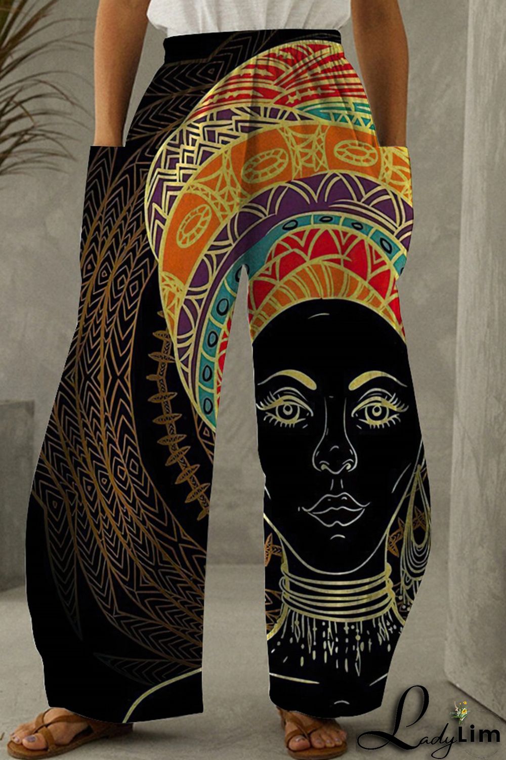 Black Brown Fashion Casual Print Patchwork Pocket Regular High Waist Trousers