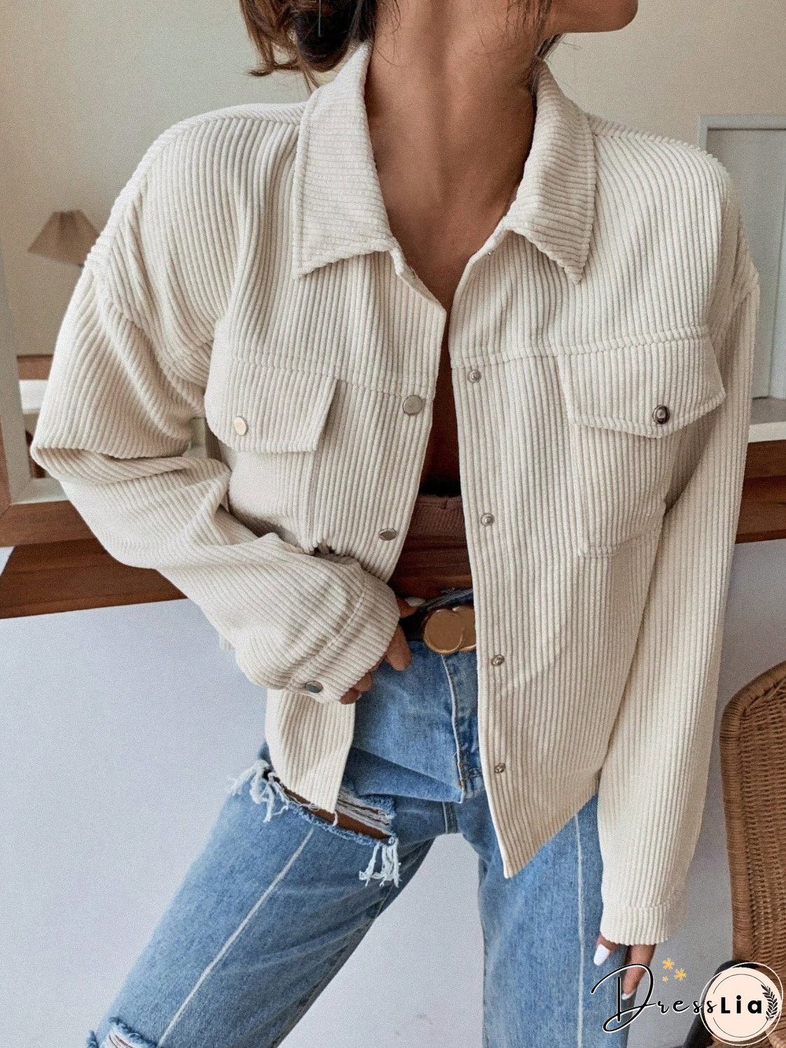 Honey Pocketed Collared Neck Snap Down Jacket