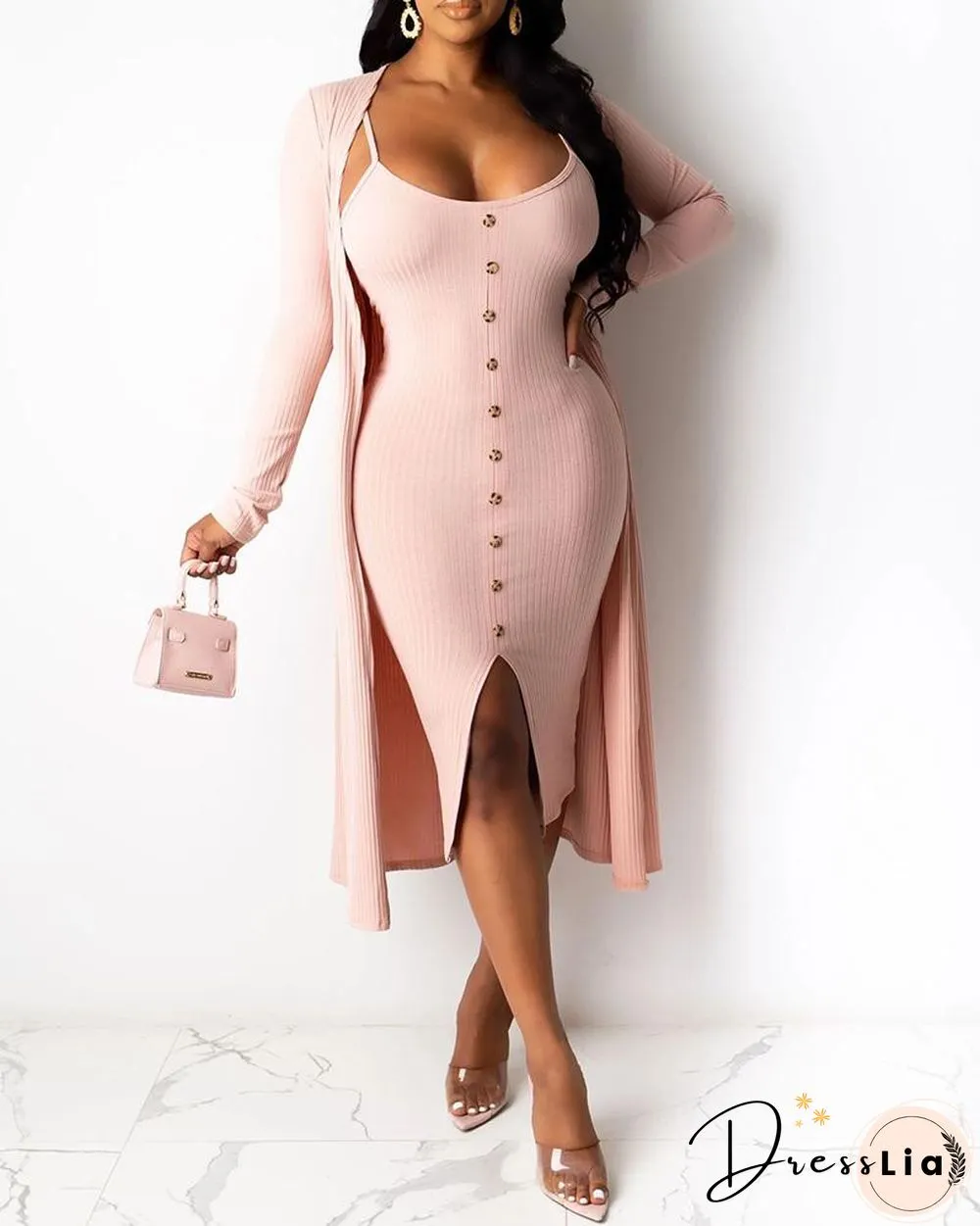 Solid Ribbed Buttoned Dress & Longline Coat