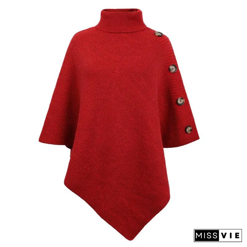 High Neck Plain Button Embellished Sweater Shawl