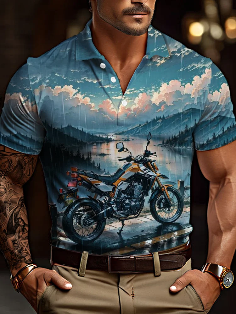 Cool Motorcycles And Landscape Paintings Printing Short Sleeve Polo BestDVibe