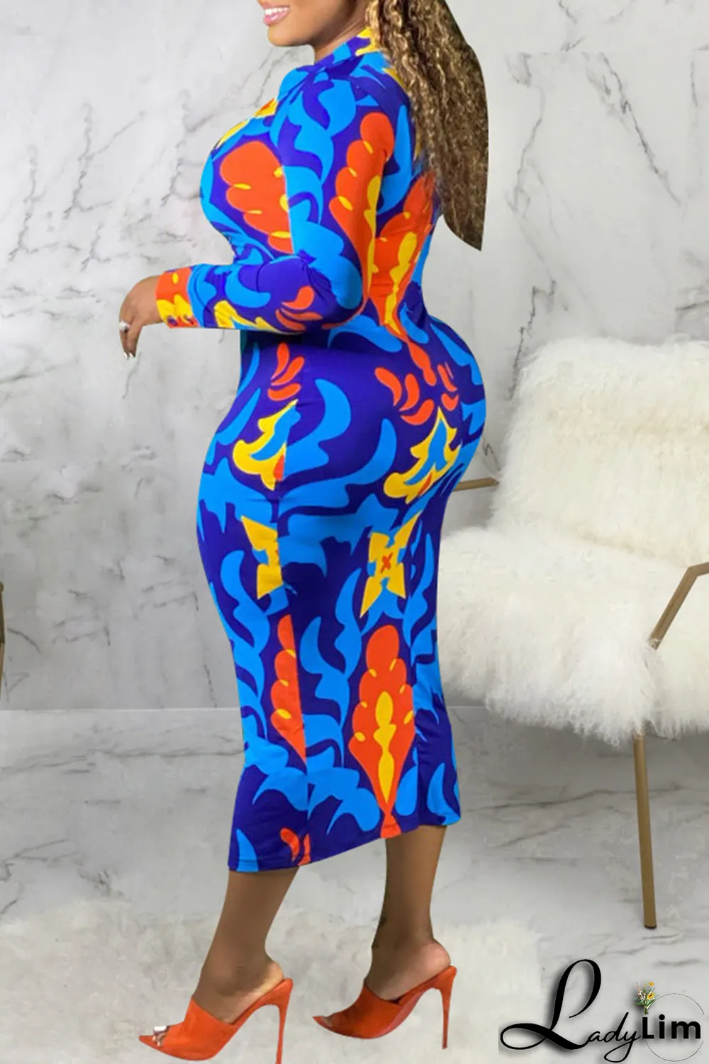 Blue Fashion Print Patchwork V Neck Pencil Skirt Dresses