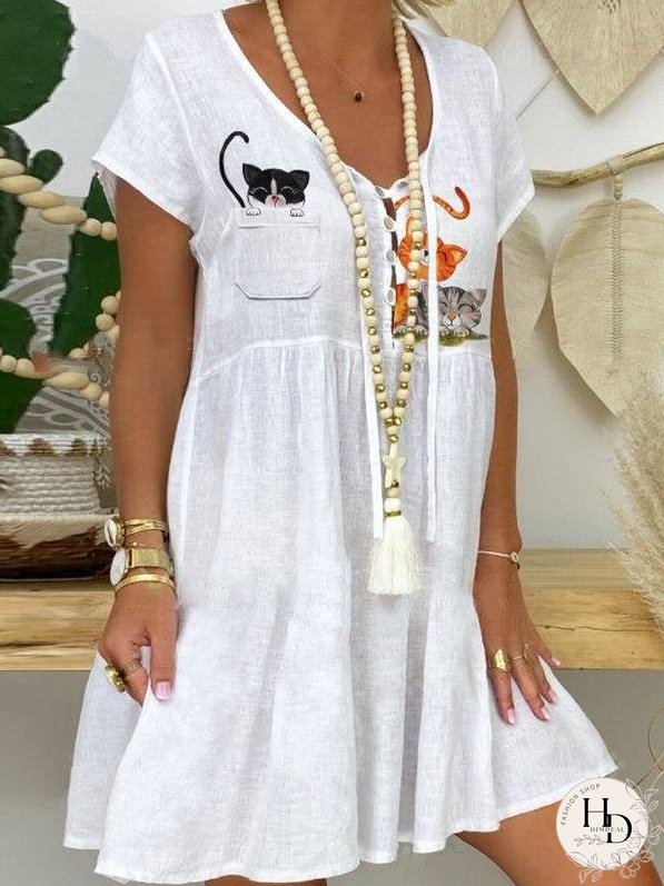 Casual Cartoon Cat Print Short Dress