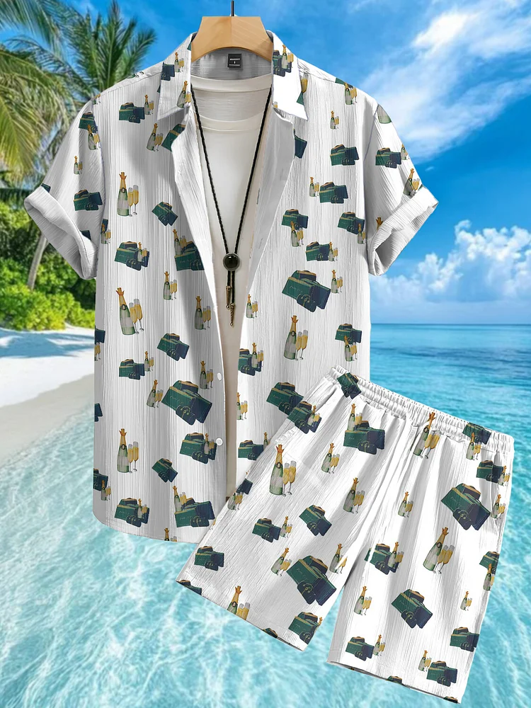 Men's Champagne Bottles Vintage Luggage Amalfi Illustrations Print Short Sleeve Shirt Set