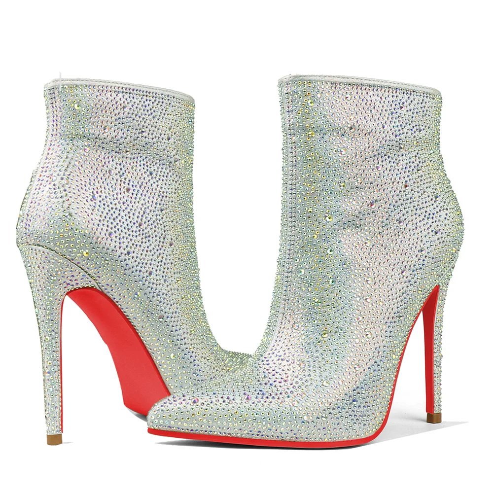 120mm Women's Ankle Boots Red Bottom Shoes With Rhinestone Closed Pointed Toe Stilettos Party Booties-MERUMOTE