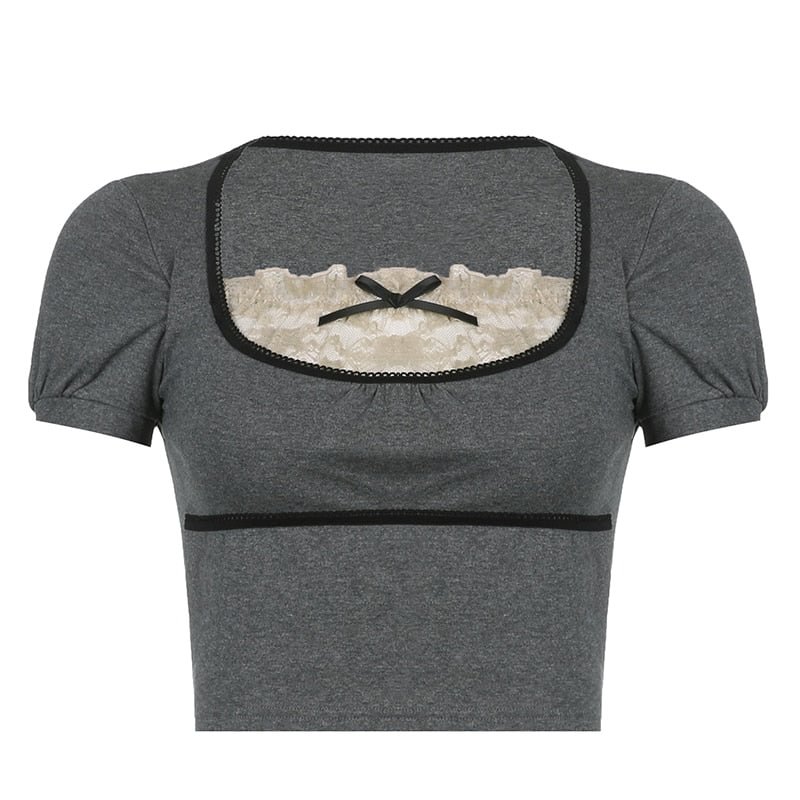 Cuteandpsycho Y2K Sweet Grunge Cropped Tshirts Women Kawaii Bow Lace Patchwork Tops Fashion Korean Retro Gray Pullover Tee 2000s