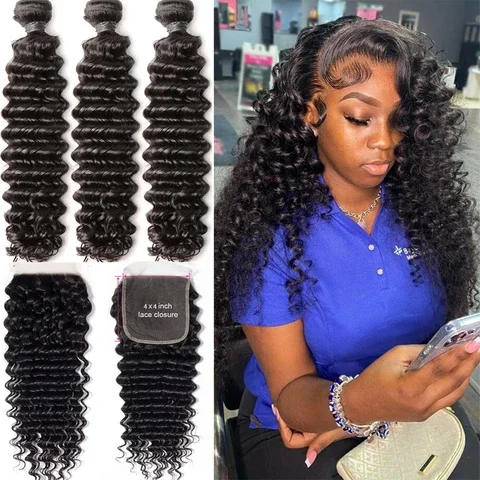 12A 3PCS + 5x5 HD Lace Closure Deep Wave Bundles With  HD Lace Closure 