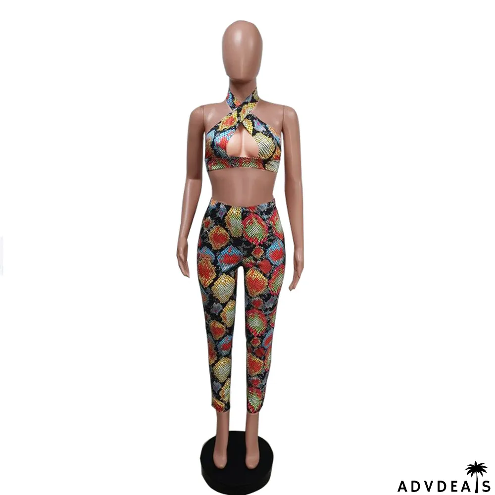 Ladies' Fashion Print Halter Neck Low Back Career Sexy Two-Piece Suit