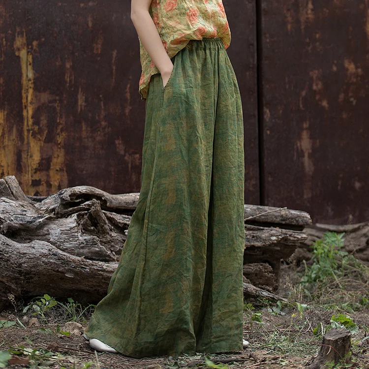 Vintage Printed Ramie Wide Leg Pants