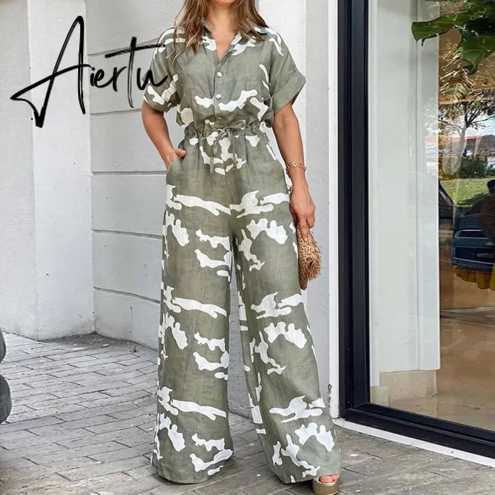Summer Women Camouflage Print Playsuit Fashion Ladies Wide Leg Romper Overalls Casual Waisted Drawstring Lace-up Shirt Jumpsuits Aiertu