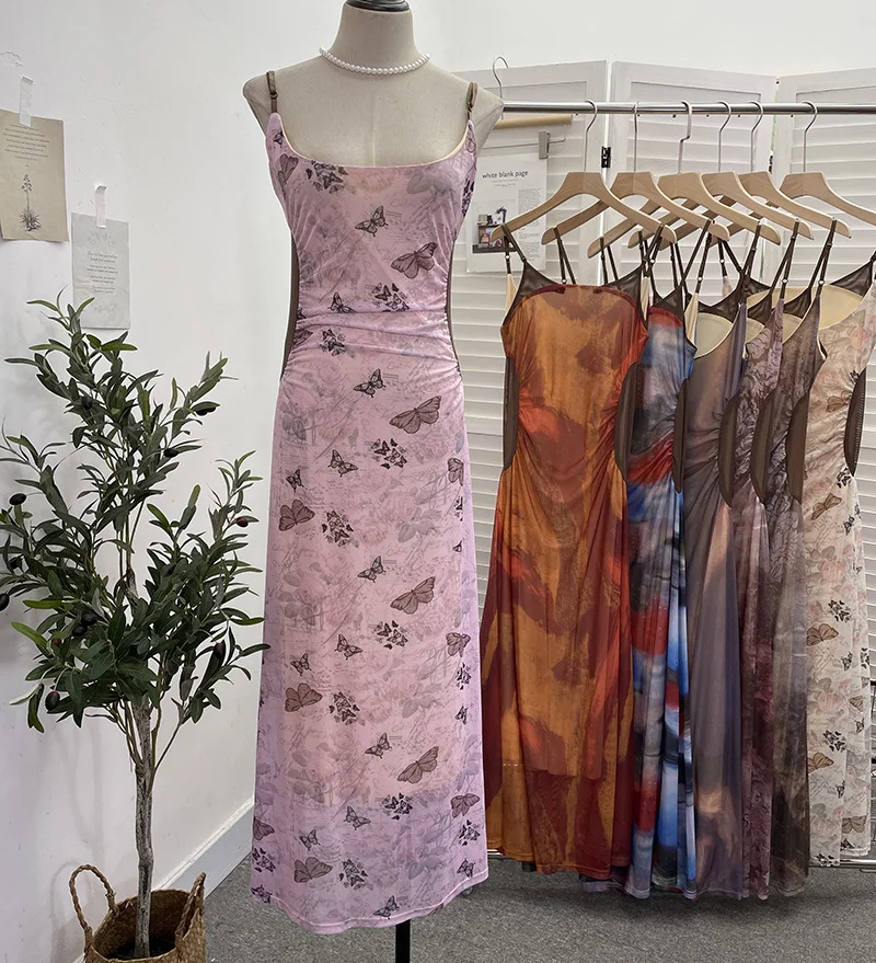 Uveng Sexy Tie-Dye Print Dress Waist Folded Folded Black Back Mesh Slings Long Skirt 888825