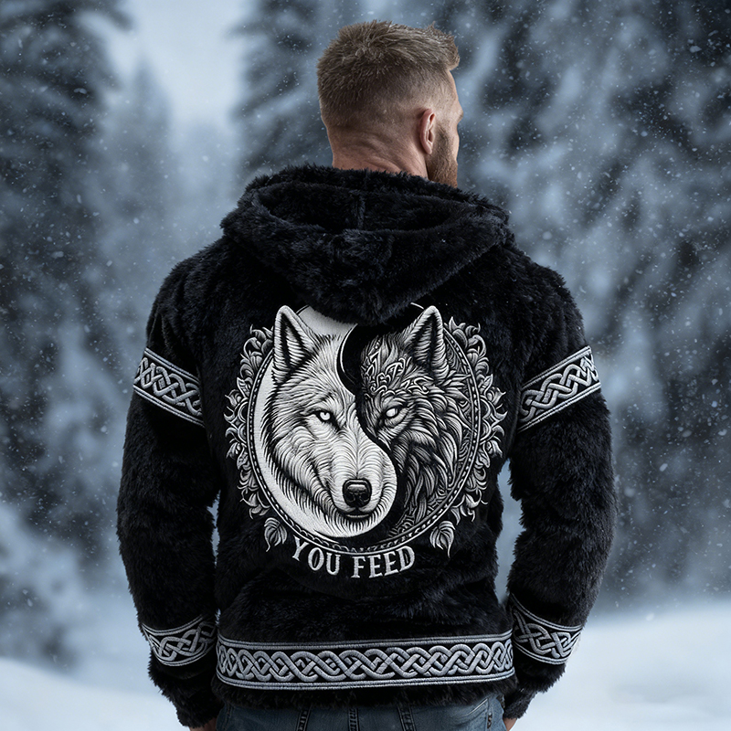 Men's Viking Tribal Jacquard Celtic With Yin-yang Wolf Inspired Art Plush Warm Zipped Hooded Jacket elevenforest