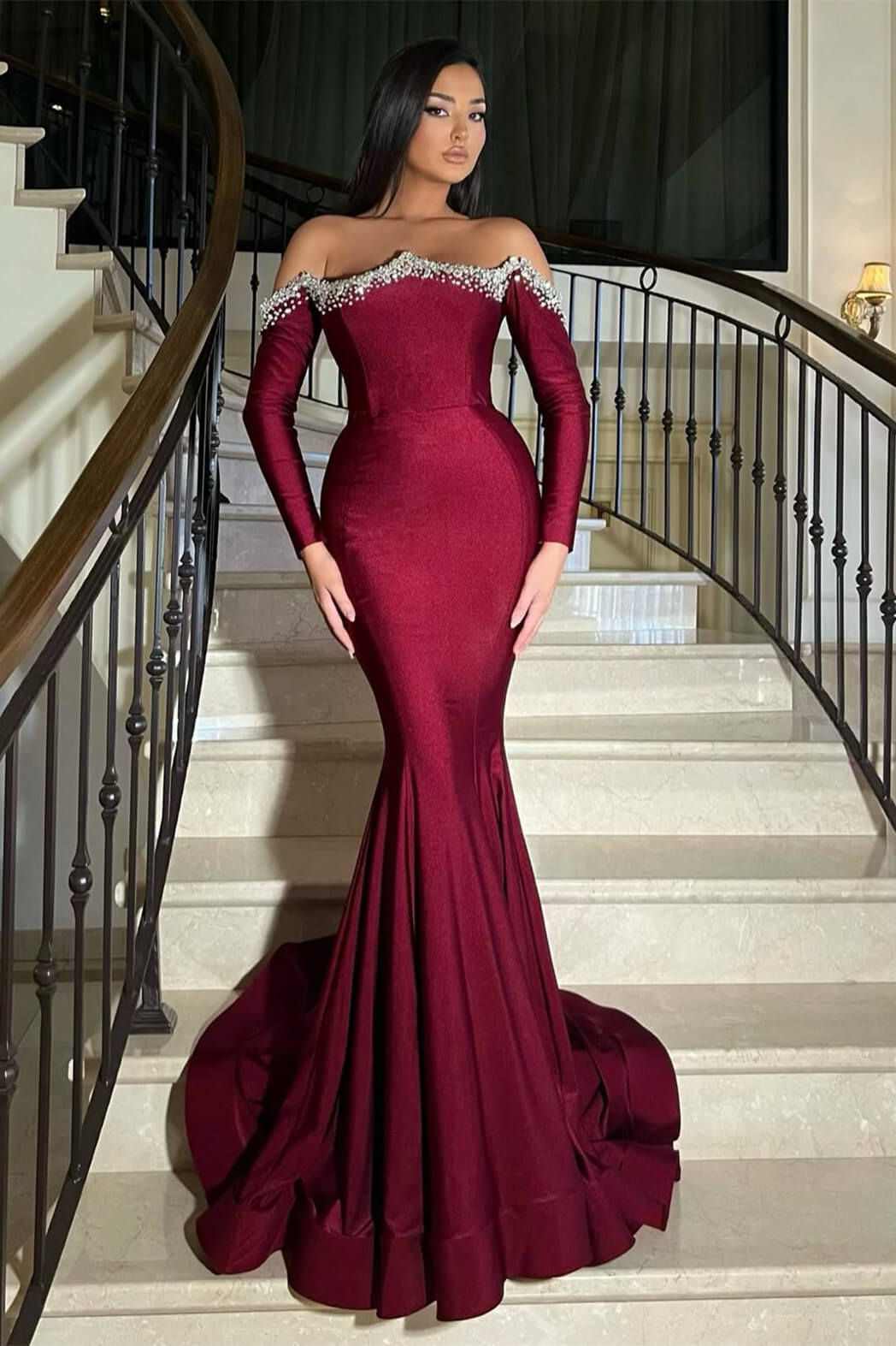 Chic Burgundy Long Sleeves Mermaid Evening Gown With Beads - lulusllly