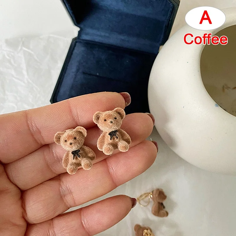 New Korean Kawaii Funny Plush Small Stud Earrings Cute Bow Bear Statement Dainty Earring Fashion Jewelry 2021