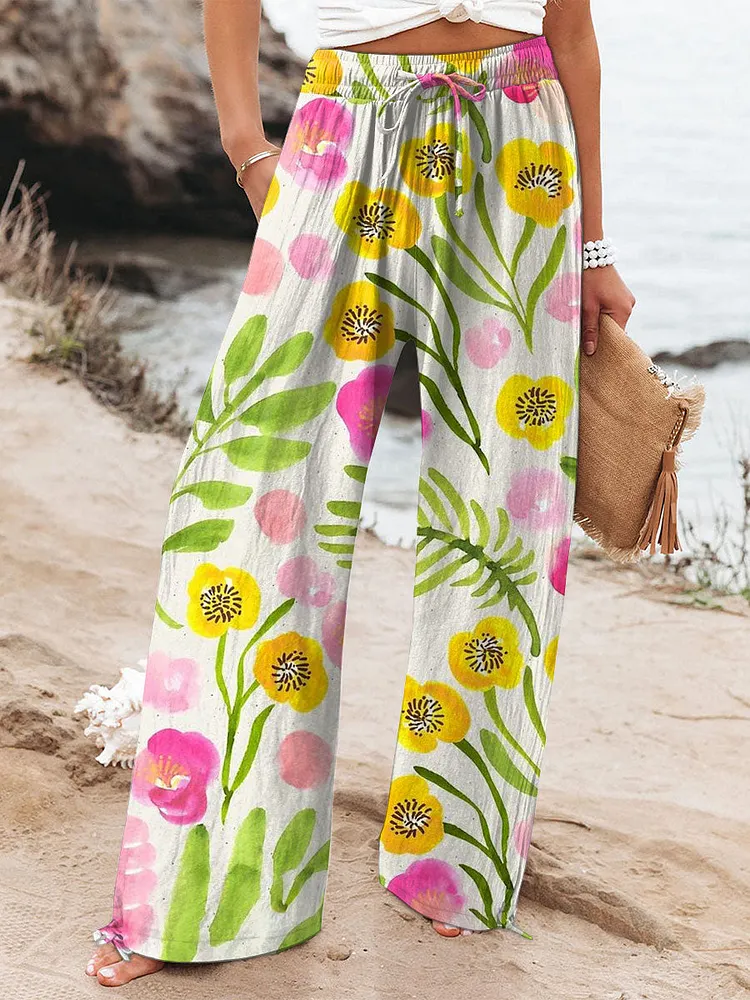 Women's  Vintage Flowers Art  Printed Cotton And Linen Casual Pants
