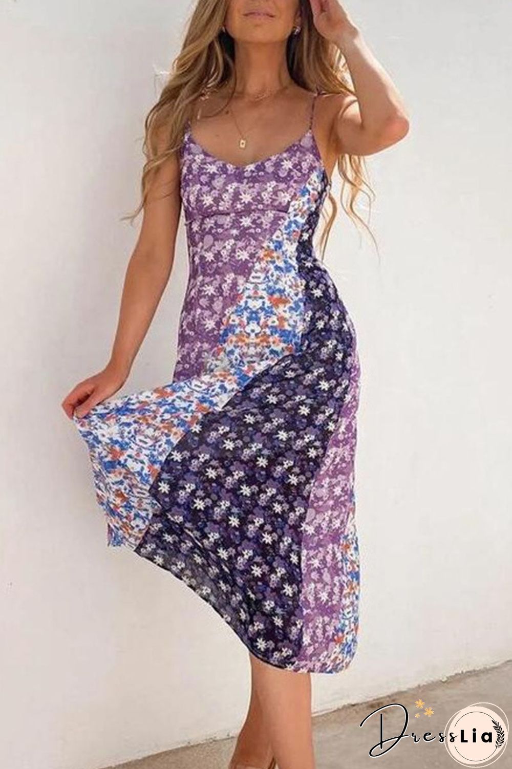 Fashion Street Print Split Joint Spaghetti Strap A Line Dresses