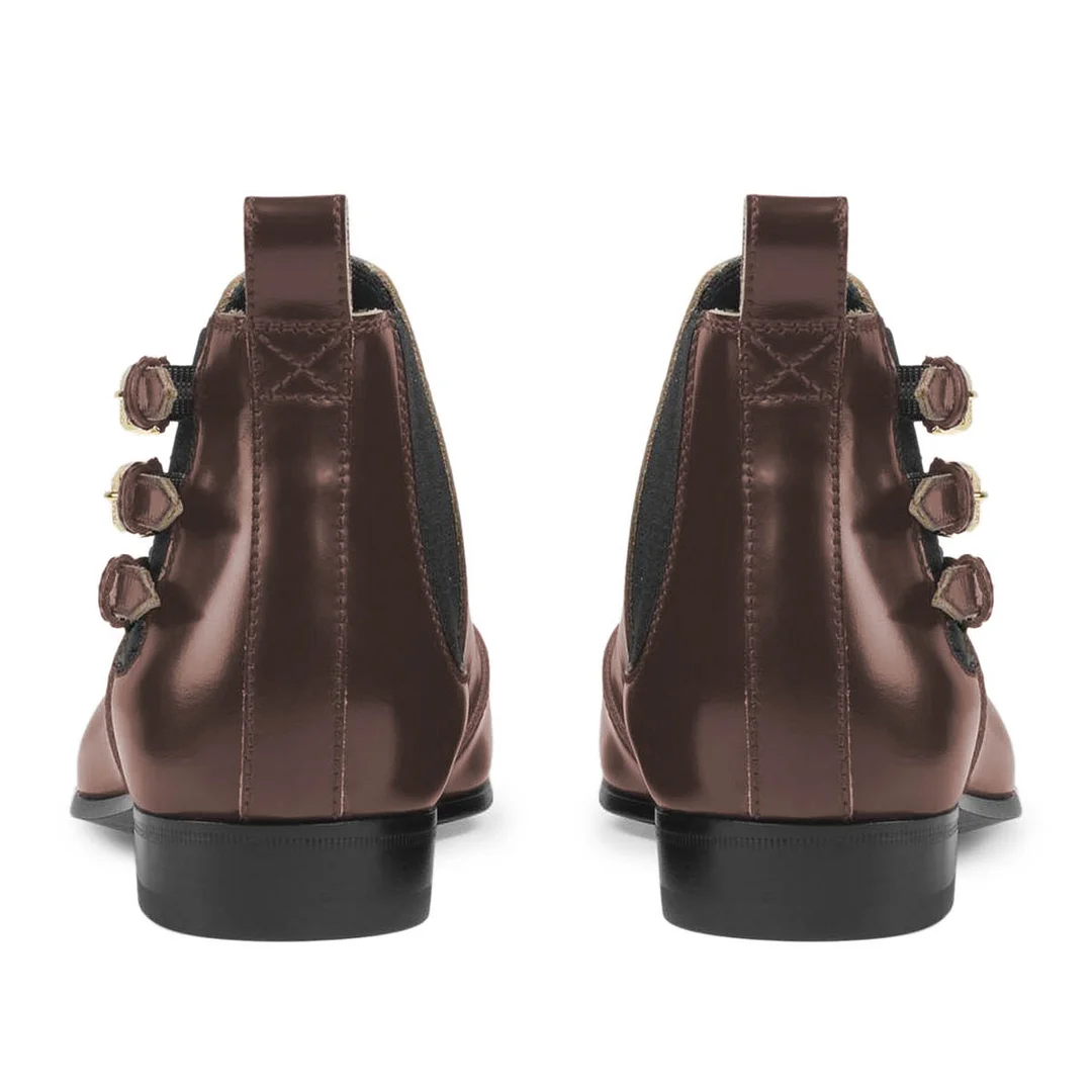 Dark Brown Pointed Toe Multiple Buckle Strappy Ladies Ankle Booties 