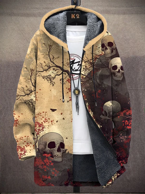 Men's Retro Mystical Skull Art Print Hooded Trench Coat