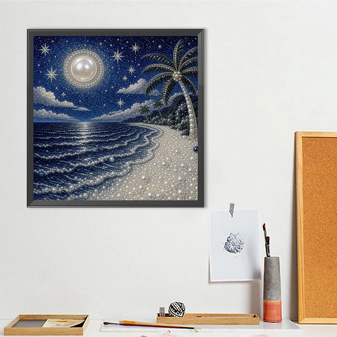 Night Beach Pearl Full DIY 5D Round Drill Gem Art Diamond Painting Kits 15.75x15.75 in Diamond Dots Paintings Picture Arts Craft Diamond Art Kits for Adults Beginner Home Wall Decor