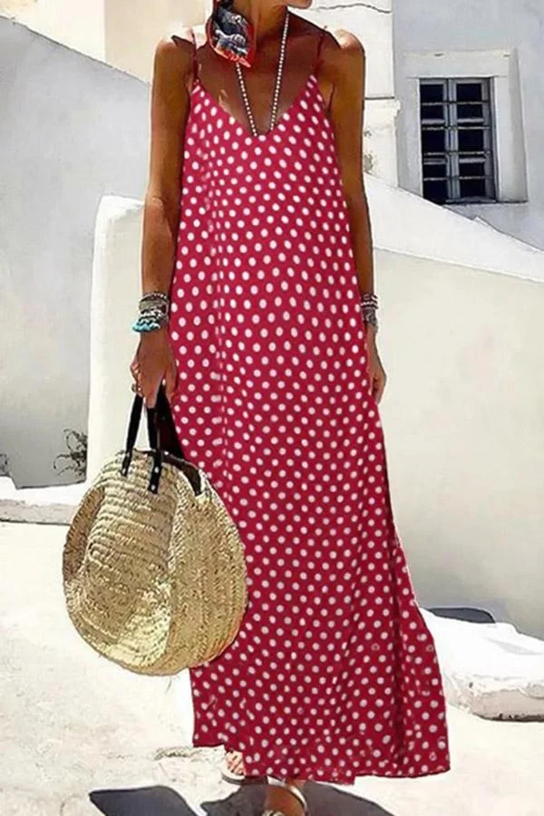 Polka Dots Print Sling V-Neck Sleeveless Holiday Maxi Dress