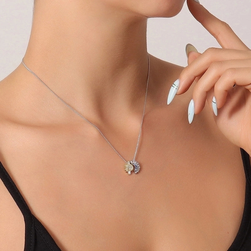 Copper Minimalist Sun Moon Rhinestones Pendant Necklace