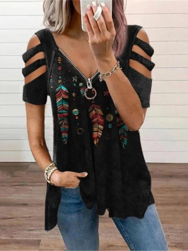 V-neck Zipper Pullover Printed Short Sleeve Loose T-shirt Women's Jacket