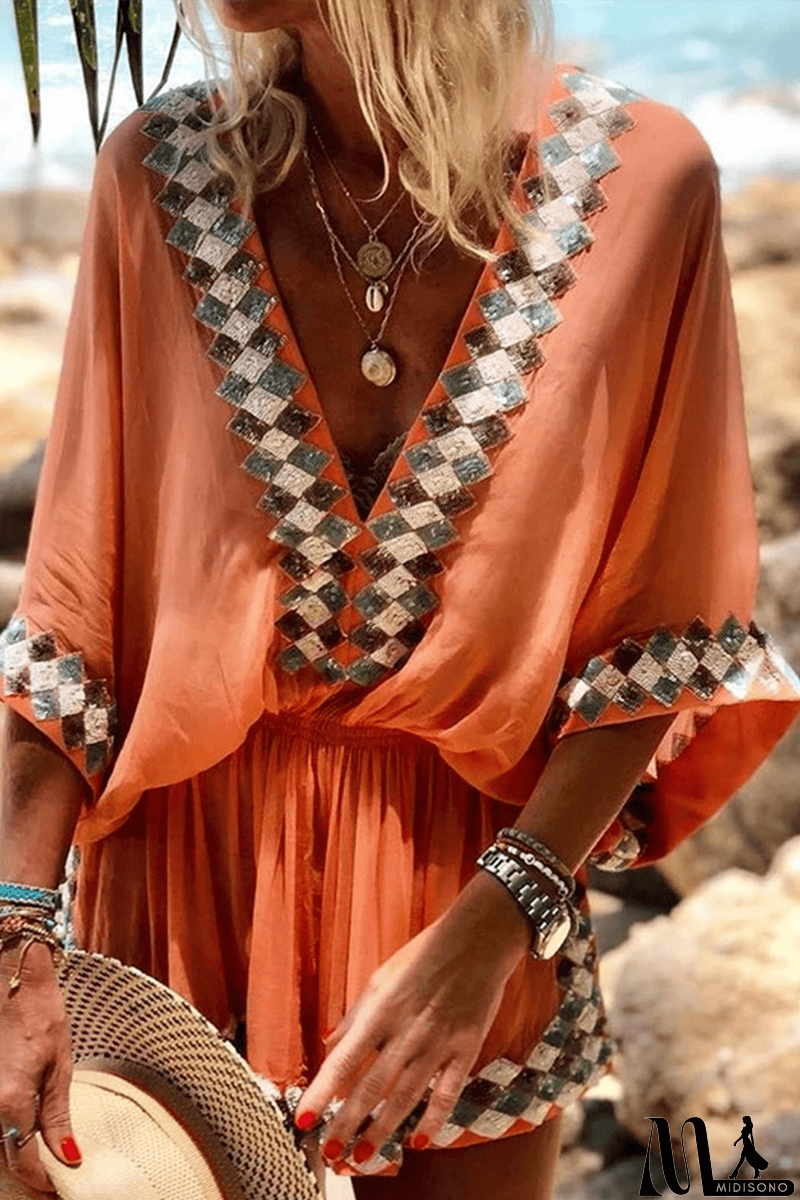 MidiSono - Print V Neck Bat Sleeve Romper