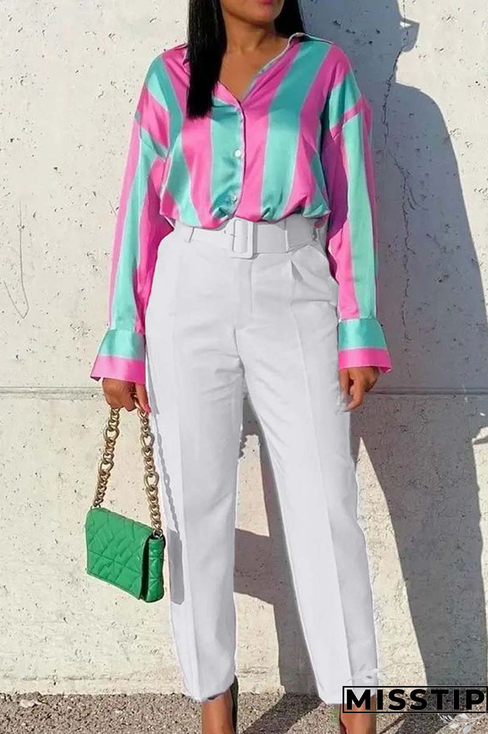 Pink Casual Solid Patchwork With Belt Regular High Waist Conventional Solid Color Trousers